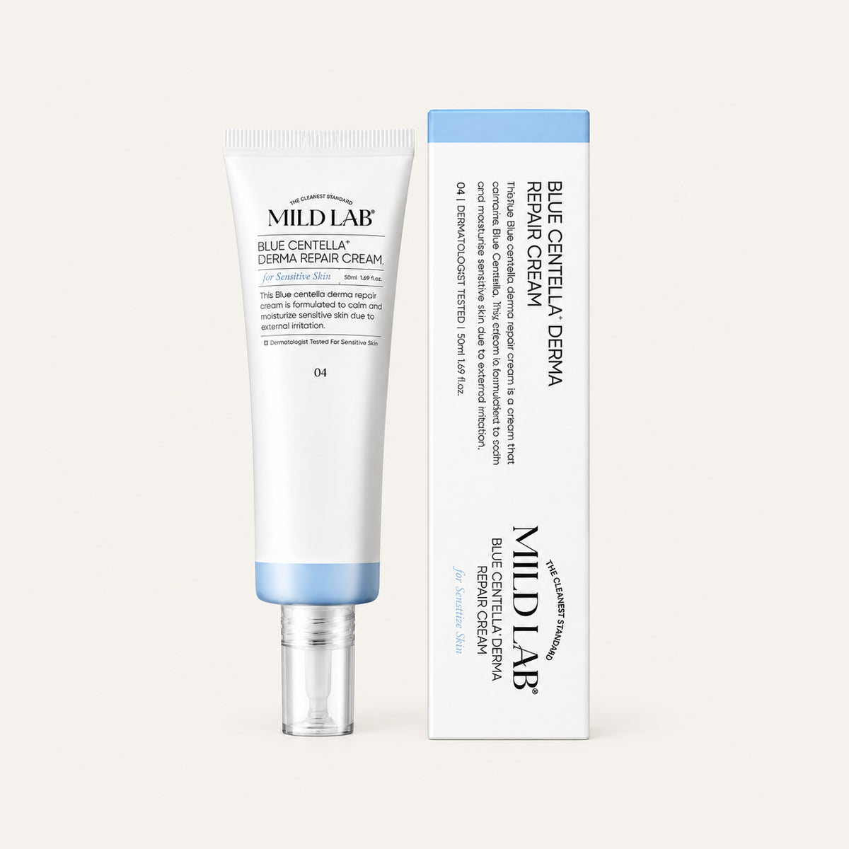 Mild Lab Blue Centella Derma Repair Cream 50 ml, tubka z pudełkiem obok | Ellemania