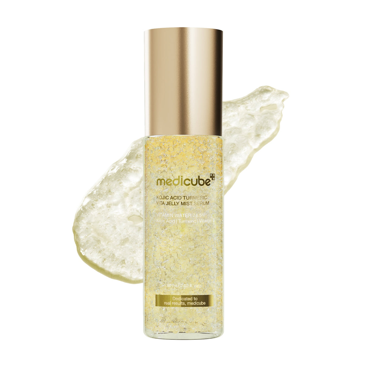 Medicube Kojic Acid Turmeric Vitamin Gold Jelly Mist Serum - butelka ze złotą nakrętką z wymieszaną formułą i próbka żelu | Ellemania