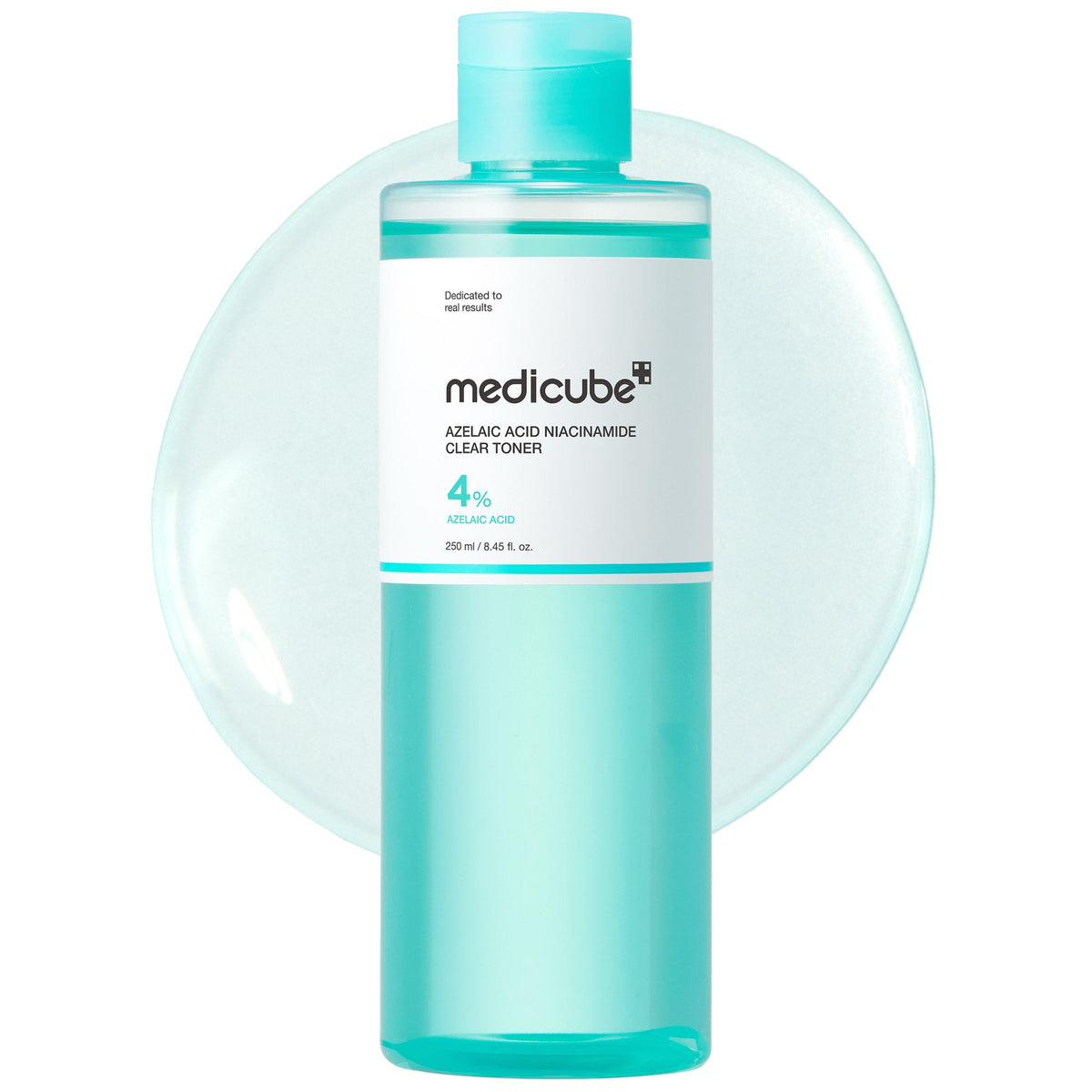 Medicube Azelaic Acid Niacinamide Clear Toner - butelka toniku z białą etykietą na tle próbki płynu | Ellemania