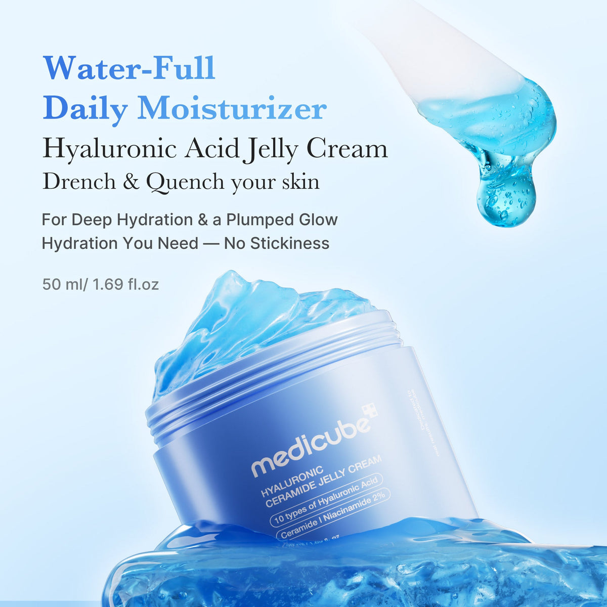Medicube Hyaluronic Ceramide Jelly Cream - słoik kremu na bryle niebieskiego żelu i kropla żelu (grafika producenta) | Ellemania