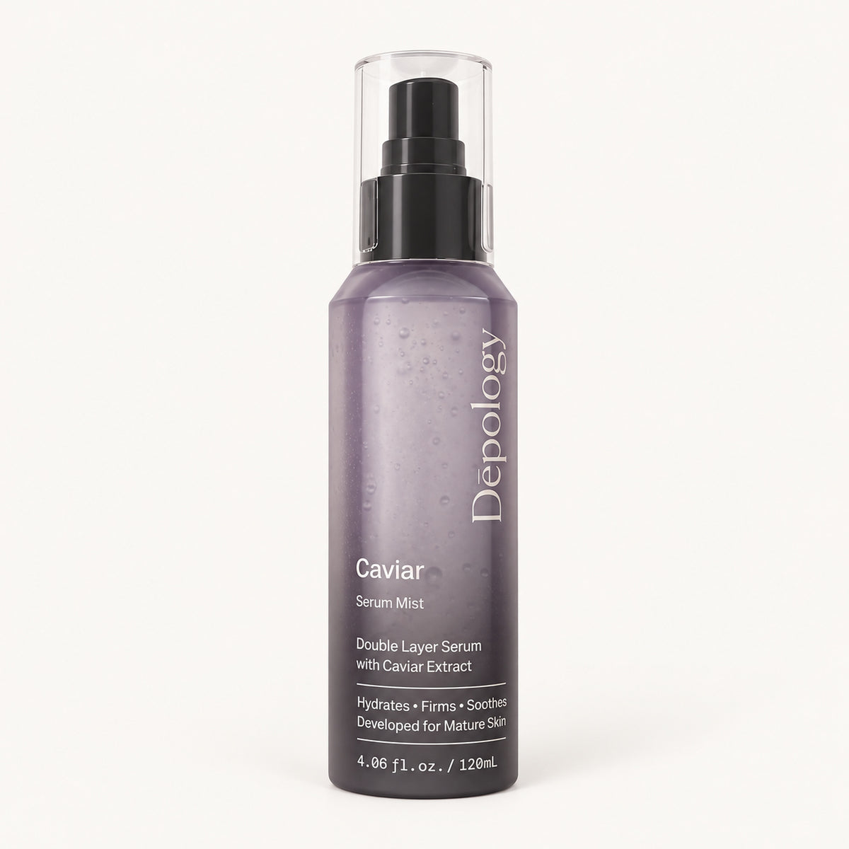Depology Caviar Serum Mist 120 ml - butelka z pompką i przezroczystą nakładką, widok z przodu | Ellemania