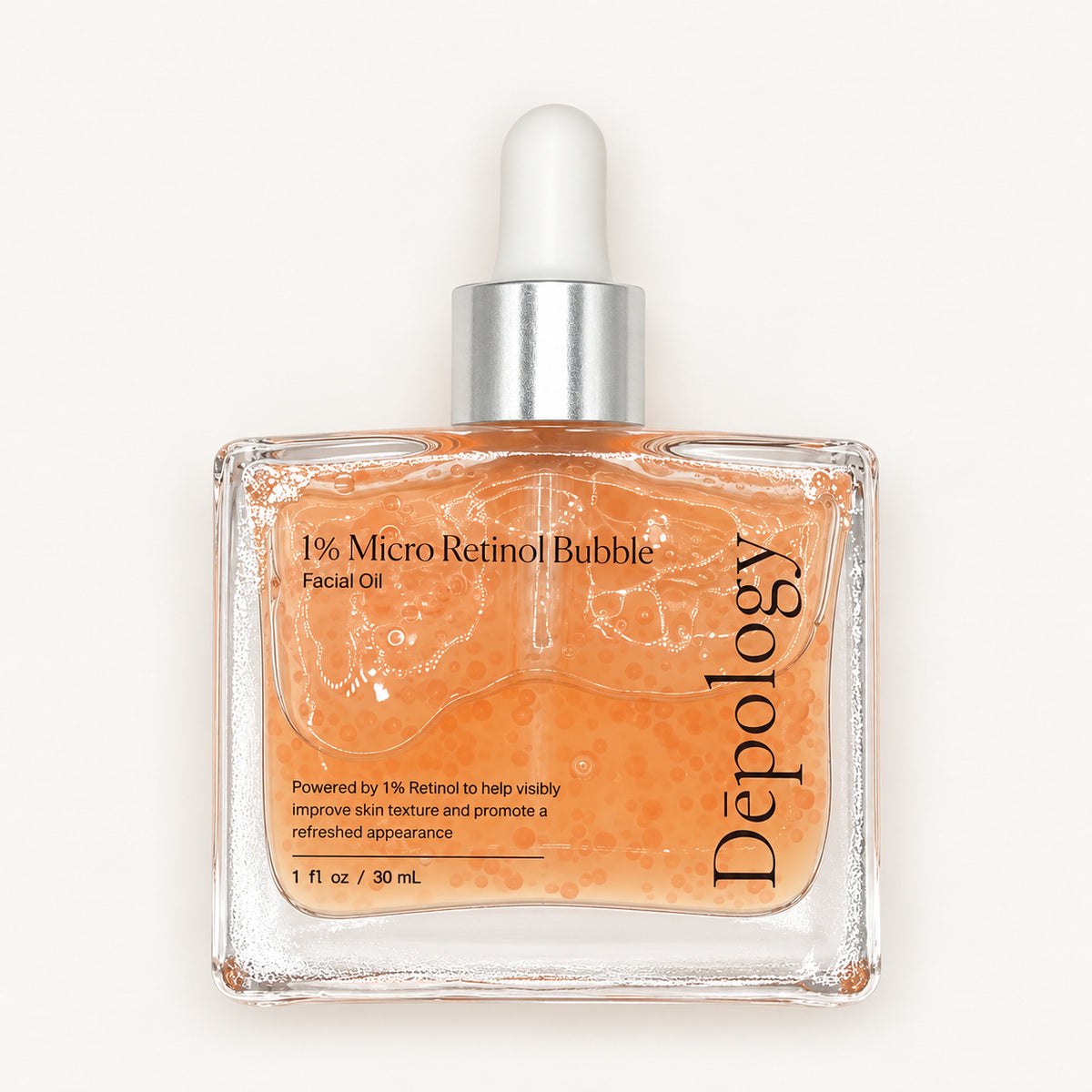 Depology 1% Micro Retinol Bubble Facial Oil 30 ml - szklany flakon z pipetą i czerwono-pomarańczowymi mikrobąbelkami, widok z przodu | Ellemania