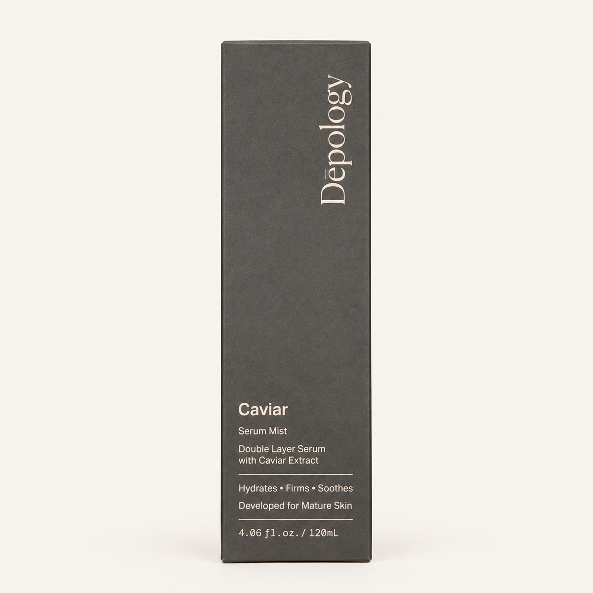 Depology Caviar Serum Mist 120 ml - szare pudełko, widok z przodu z napisami Caviar Serum Mist i Double Layer Serum with Caviar Extract | Ellemania