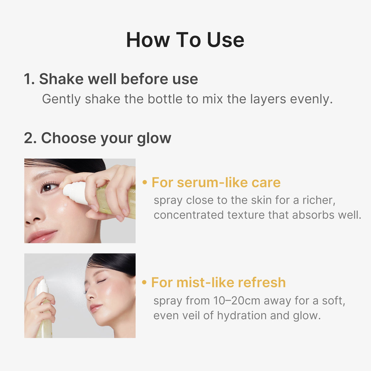 Medicube Kojic Acid Turmeric Vitamin Gold Jelly Mist Serum - instrukcja użycia: wstrząsanie i wybór odległości rozpylania | Ellemania