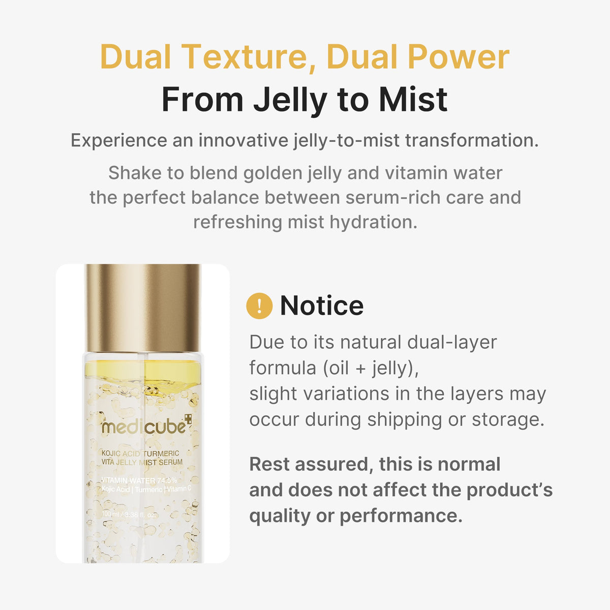 Medicube Kojic Acid Turmeric Vitamin Gold Jelly Mist Serum - grafika dwuwarstwowej formuły: olejek i jelly | Ellemania