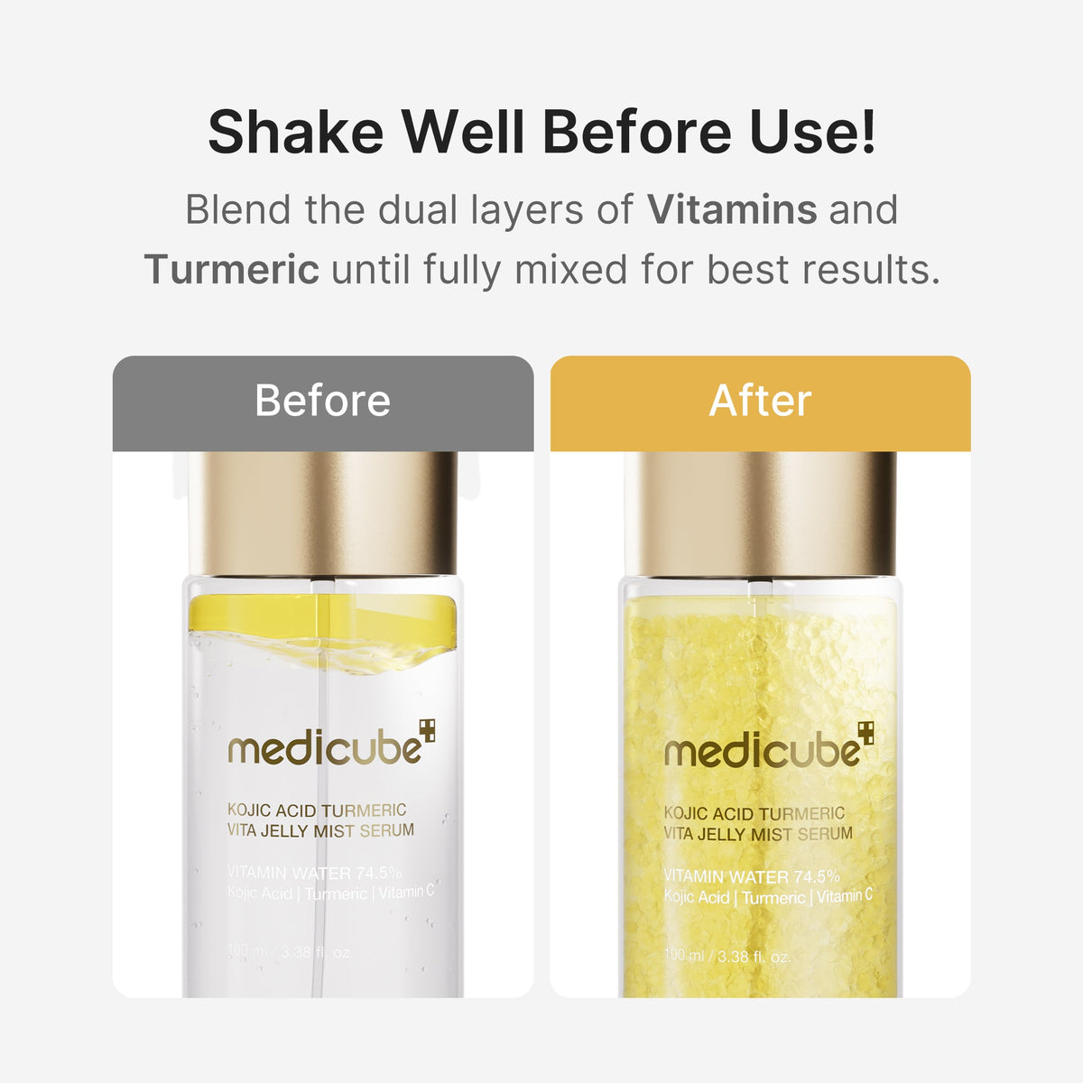 Medicube Kojic Acid Turmeric Vitamin Gold Jelly Mist Serum - butelka przed i po wstrząśnięciu, widoczne dwie warstwy | Ellemania