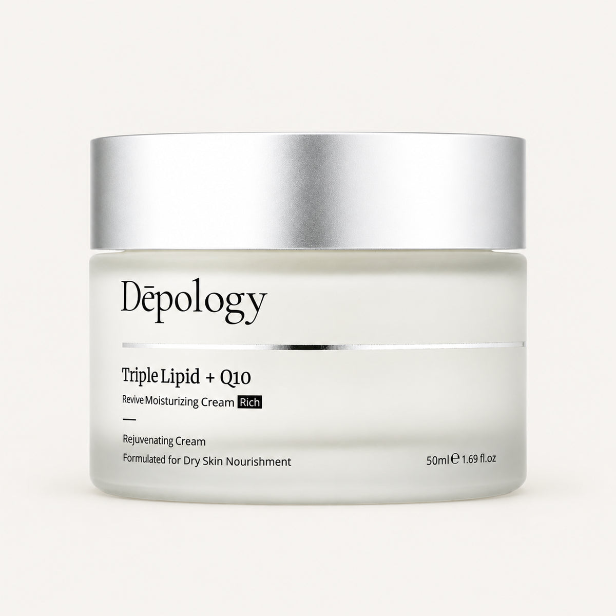 Depology Triple Lipid + Q10 Revive Moisturizing Cream 50 ml - matowy szklany słoik z srebrną nakrętką, widok z przodu | Ellemania