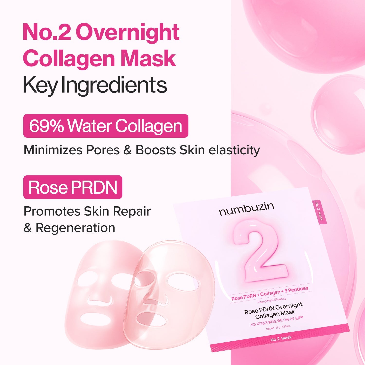 Numbuzin No.2 Rose PDRN Overnight Collagen Mask - kolagenowa maska żelowa na noc zmieniająca kolor 37 g