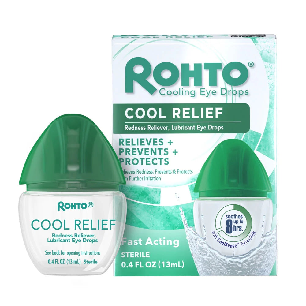 ellemania Rohto Cool Relief chłodzące krople do oczu w opakowaniu z zielonym paskiem
