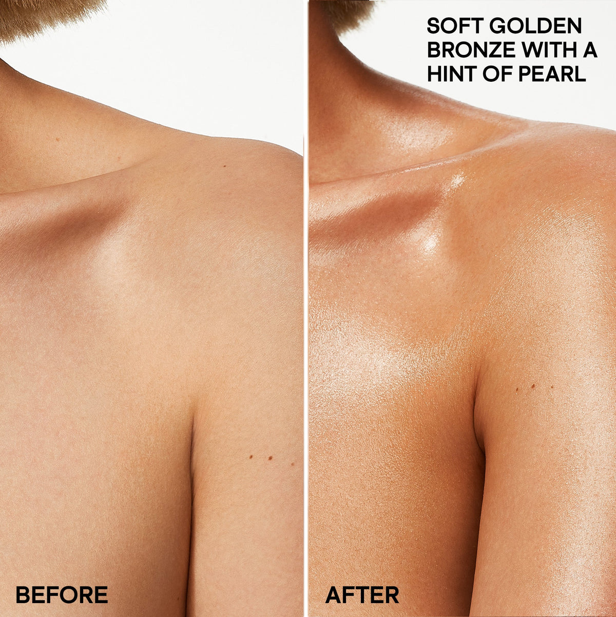 Patrick Ta Major Glow Nourishing Bronzing Body Oil - ramię przed i po nałożeniu olejku, złocisty efekt brązu z perłowym połyskiem | Ellemania