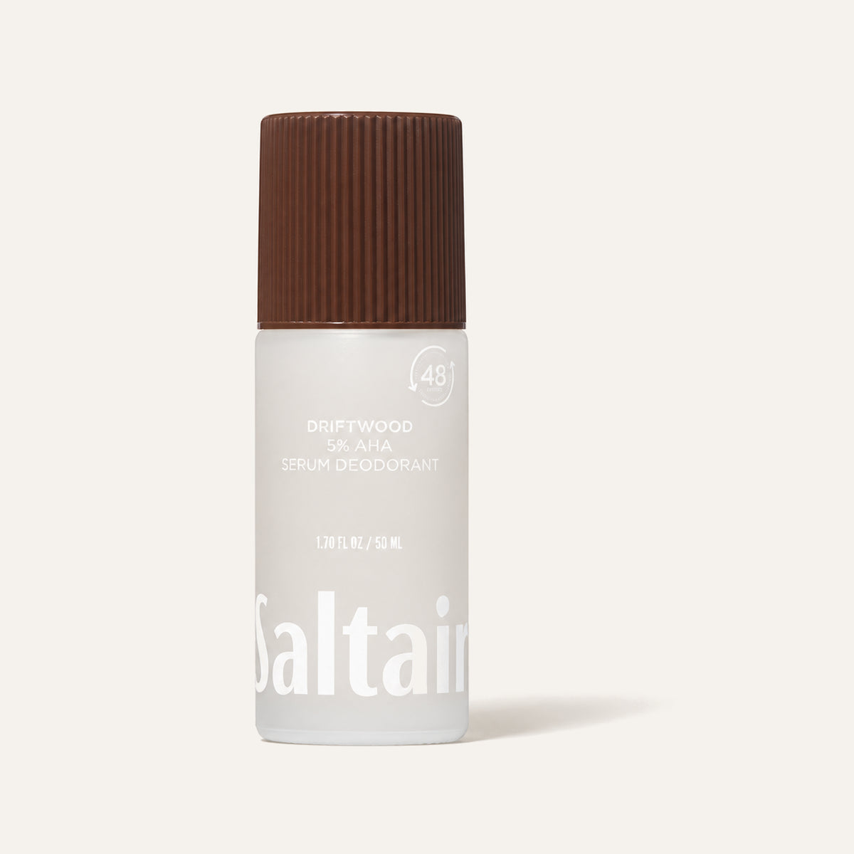 Saltair 5% AHA Serum Deodorant 50 ml, white bottle with a brown cap, front view | Ellemania