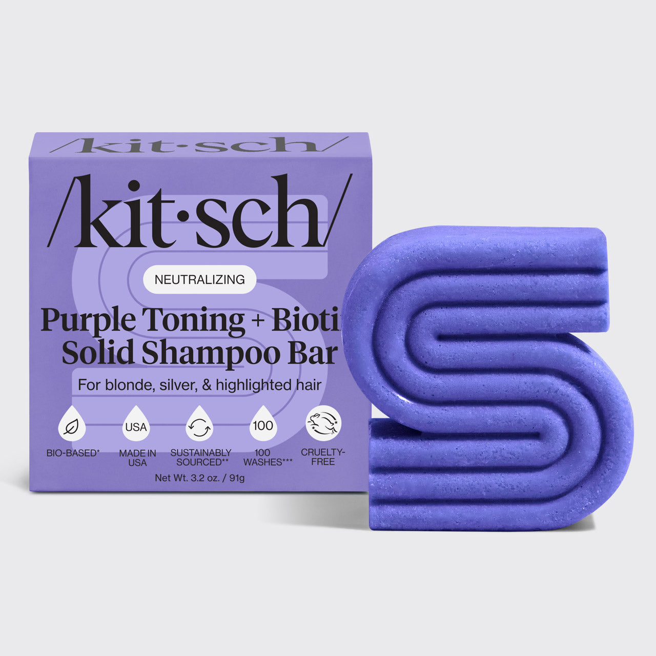 Kitsch Purple Toning Shampoo Bar for Color Treated & Grey Hair - fioletowy szampon w kostce z biotyną neutralizujący żółte tony 91 g
