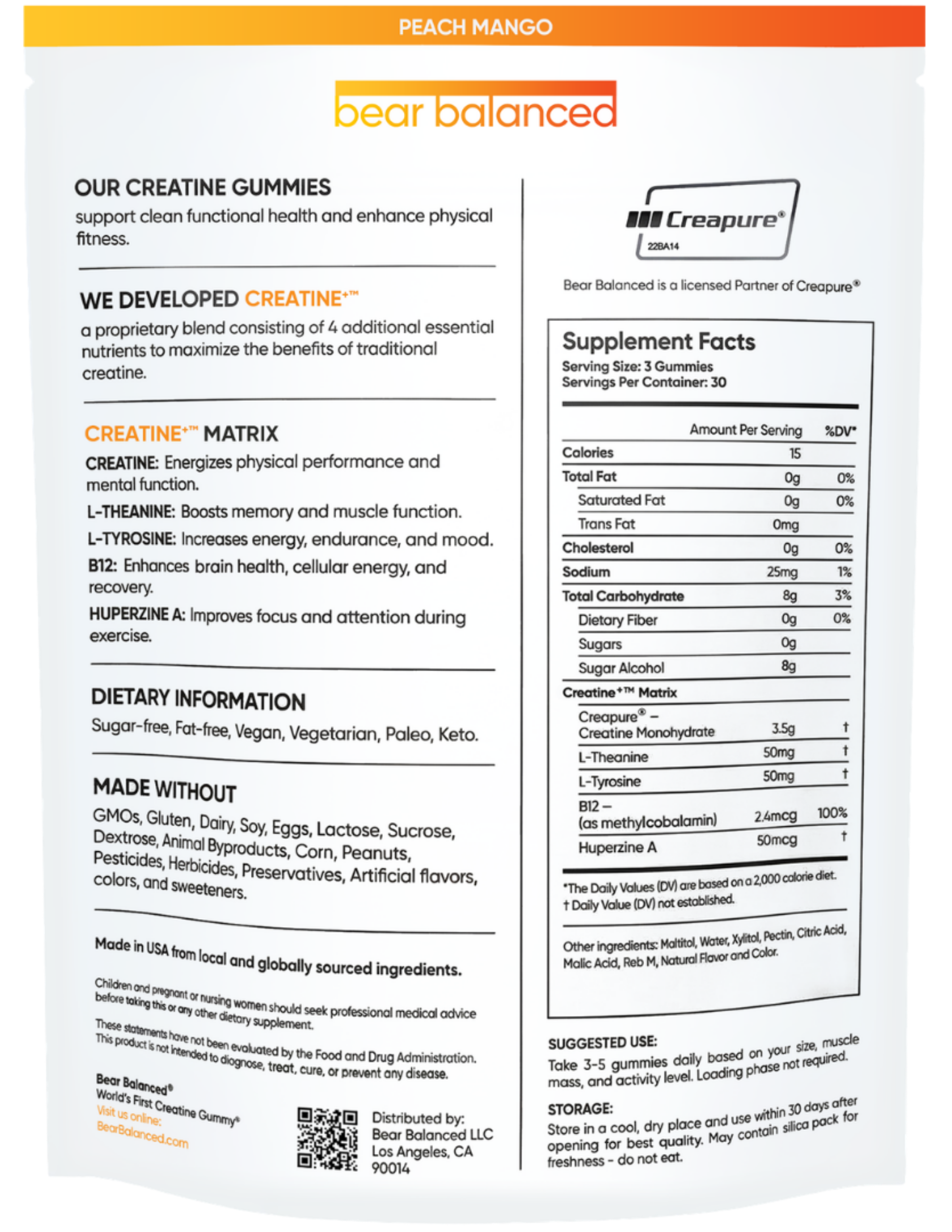 Bear Balanced Creatine Gummies Dietary supplement Creatine Gummies Peach Mango 450g