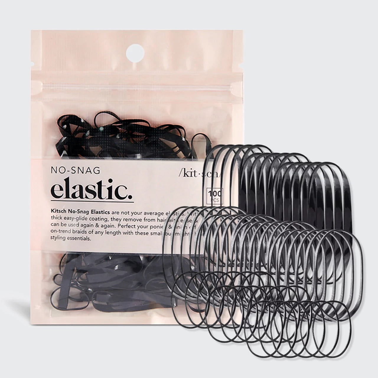 Kitsch No Snag Elastic - elastyczne gumki do włosów bez metalu z powłoką easy-glide, czarne, 100 sztuk