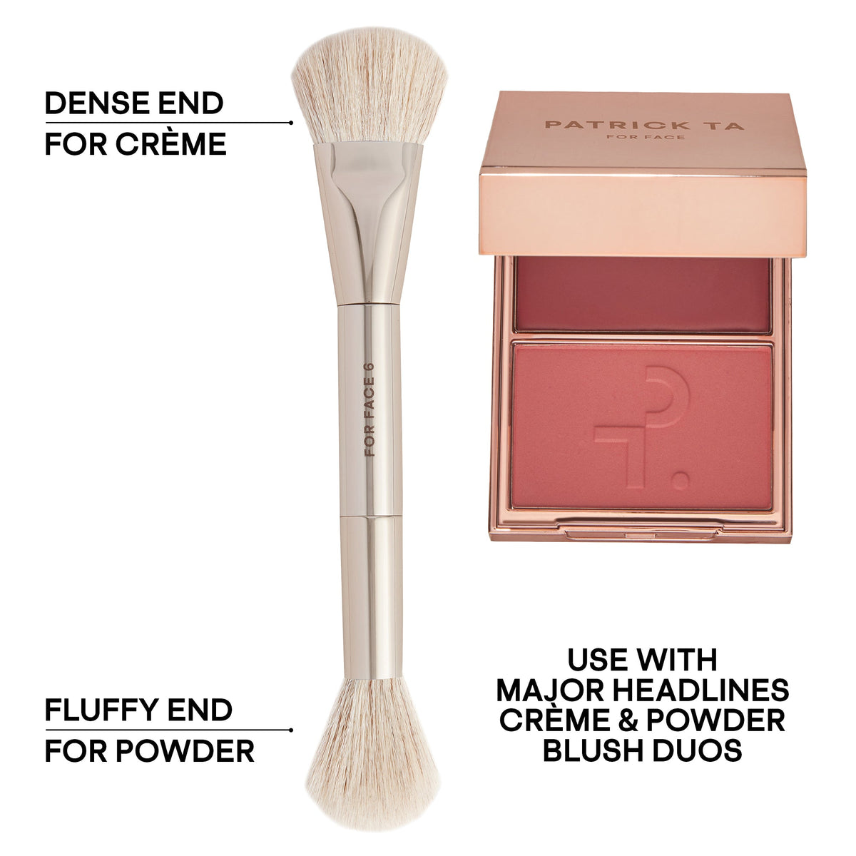 Patrick Ta Dual Ended Precision Blush Brush - gęsta końcówka do kremu, puszysta do pudru, z różem Major Headlines | Ellemania