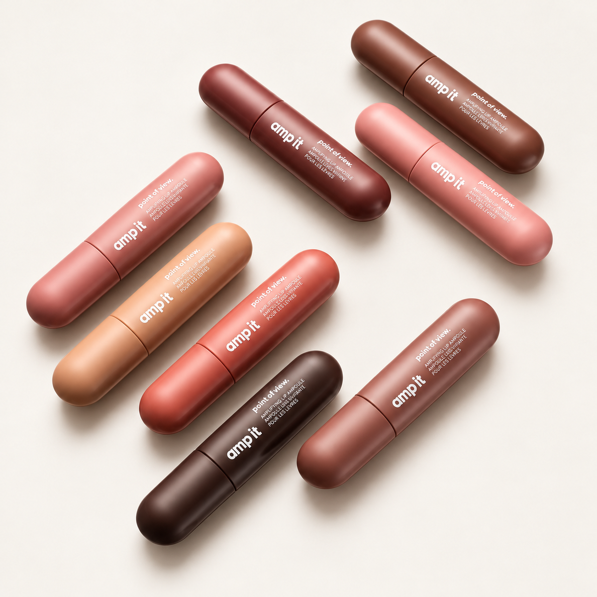 Point of View Amp It Amplifying Lip Ampoule 15 ml - eight tubes in shades from pink and beige to dark brown, arranged diagonally | Ellemania