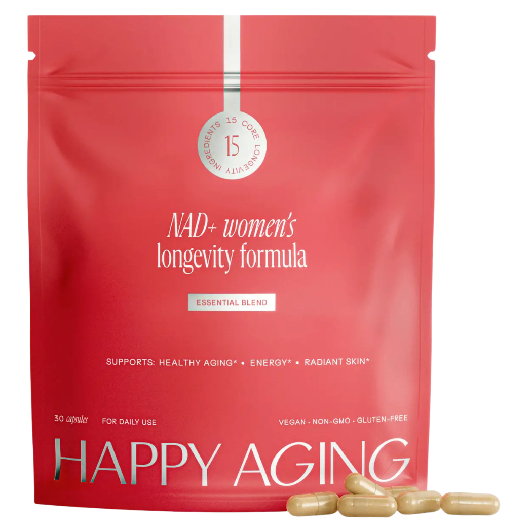 Happy Aging NAD+ Women's Longevity Essential Wsparcie Gospodarki Hormonalnej - suplement dla kobiet z liposomalnym NAD+ i 15 składnikami premium 30 g