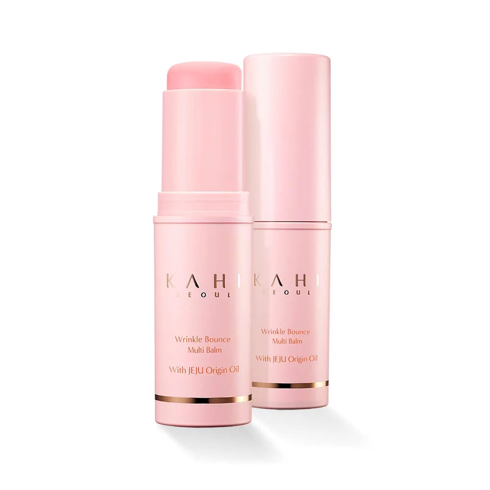 KAHI Wrinkle Bounce Multi Balm - dwa różowe sztyfty, otwarty z widocznym balsamem i zamknięty, na białym tle | Ellemania