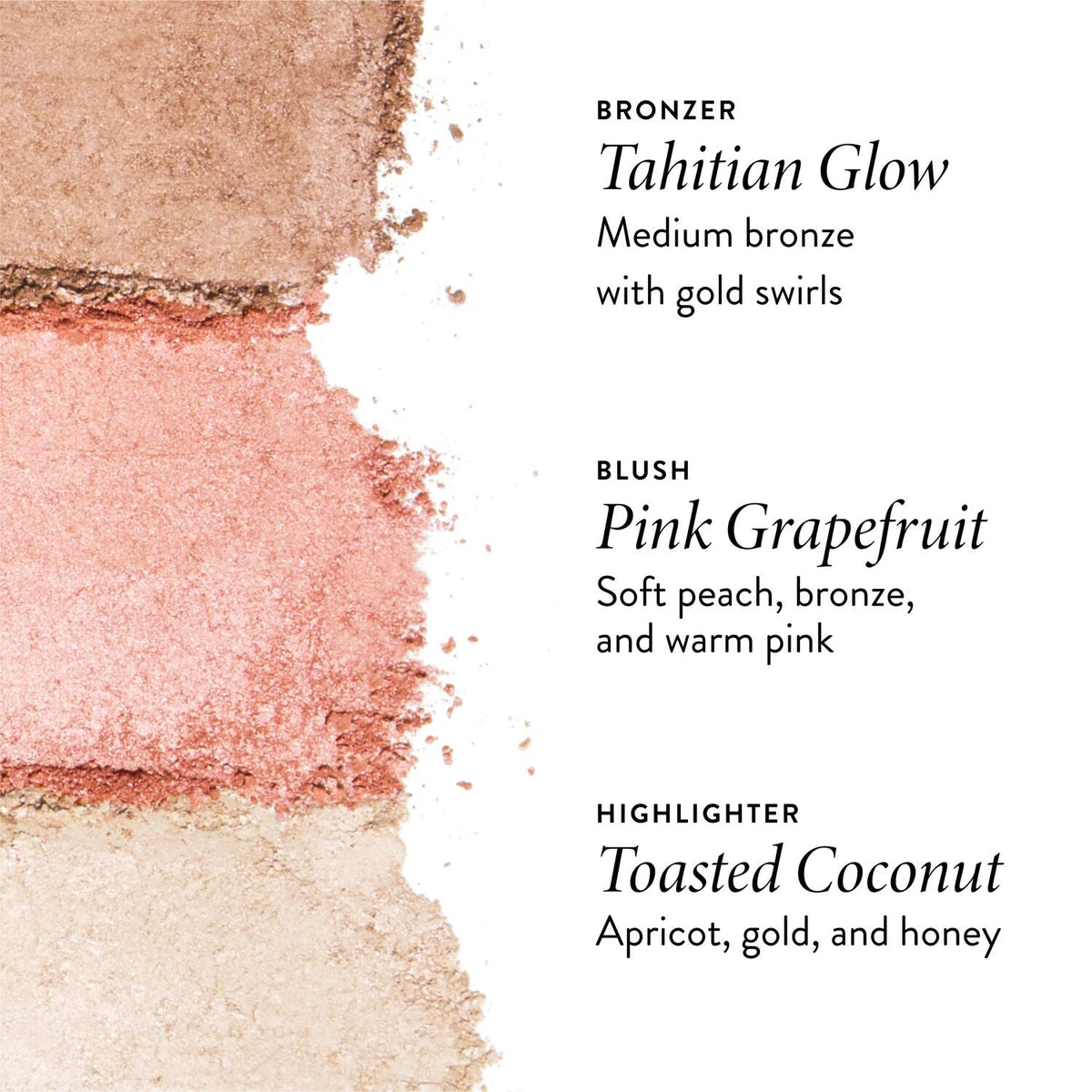 Laura Geller Geller's Greatest Lift-n-Glow Baked Face Trio - swatche bronzera Tahitian Glow, różu Pink Grapefruit i rozświetlacza Toasted Coconut | Ellemania