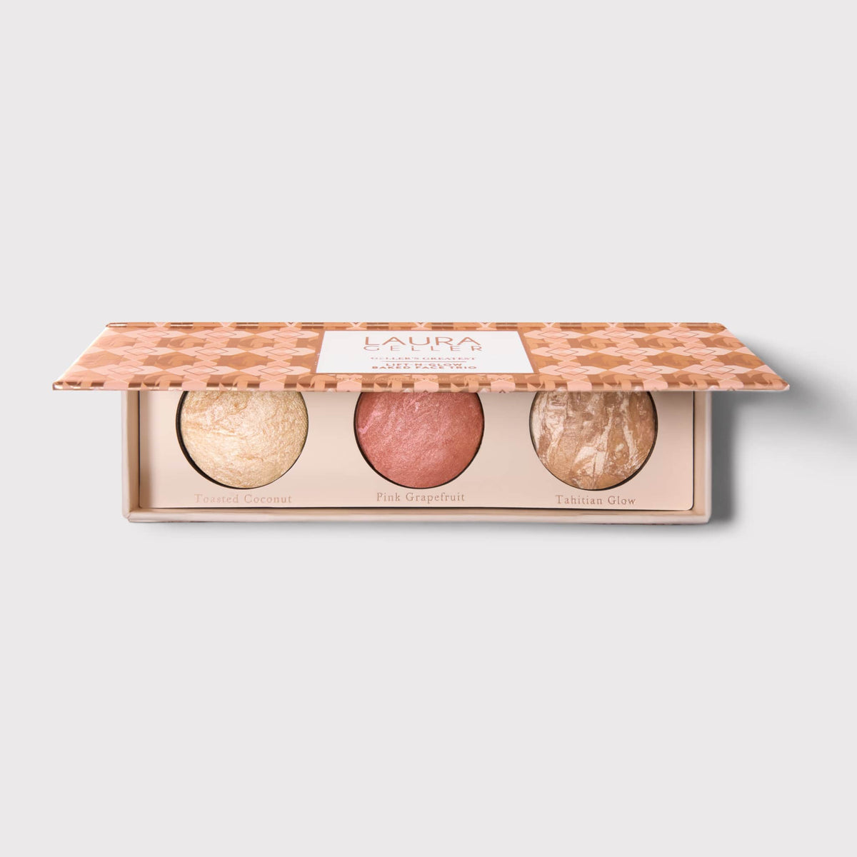 Laura Geller Geller's Greatest Lift-n-Glow Baked Face Trio - paleta z bronzerem Tahitian Glow, różem Pink Grapefruit i rozświetlaczem Toasted Coconut | Ellemania