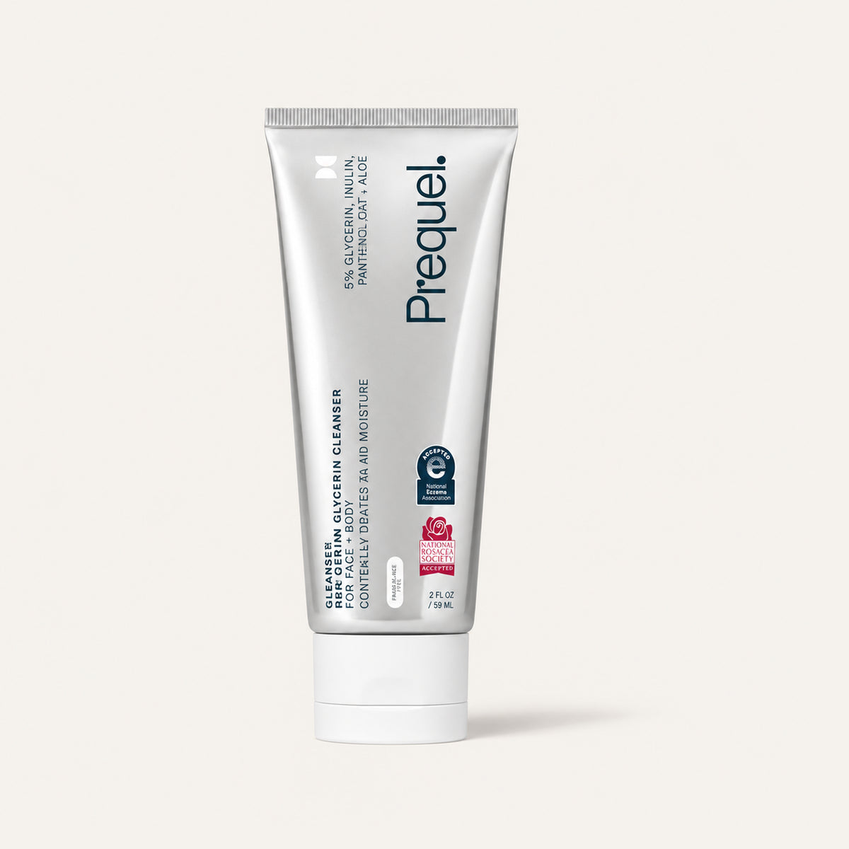 Prequel Non-Drying Glycerin Cleanser 60 ml, tubka z przodu z logo odznak National Eczema i Rosacea | Ellemania
