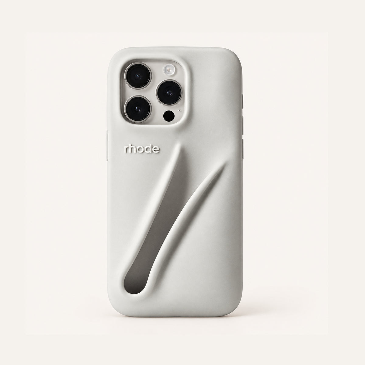 Rhode Lip Case, szare silikonowe etui na iPhone z wgłębieniem na błyszczyk, widok z tyłu | Ellemania
