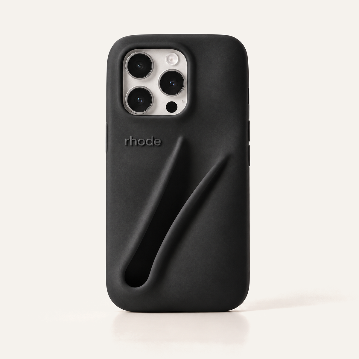 Rhode Lip Case, czarne silikonowe etui na iPhone 15 Pro z uchwytem na błyszczyk, widok z tyłu | Ellemania