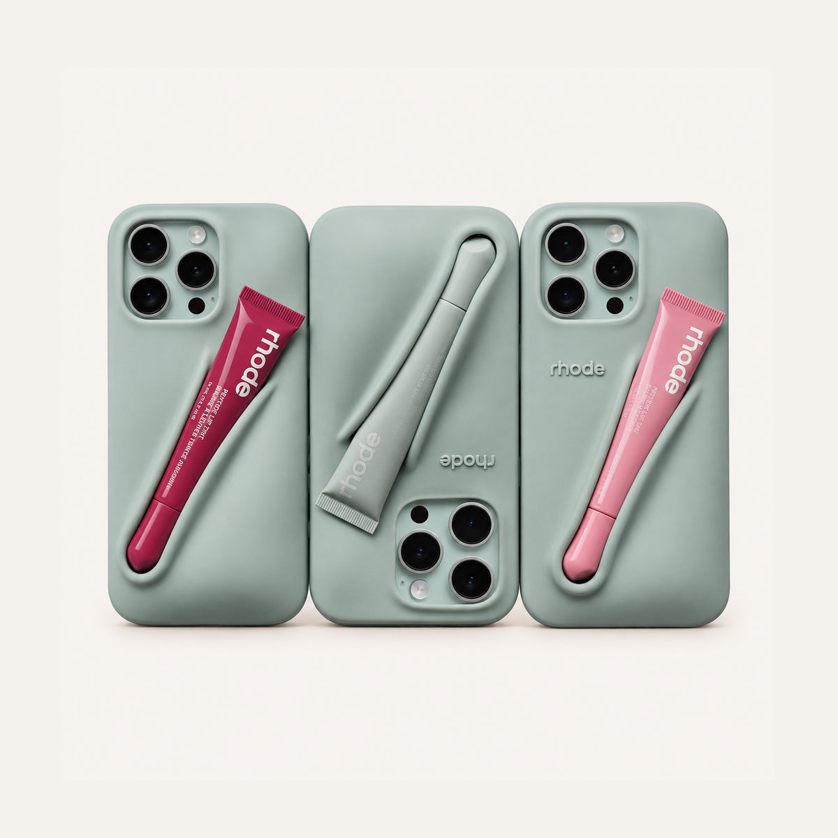 Rhode Lip Case na iPhone, trzy etui z uchwytem na błyszczyk w różnych kolorach, widok z tyłu | Ellemania