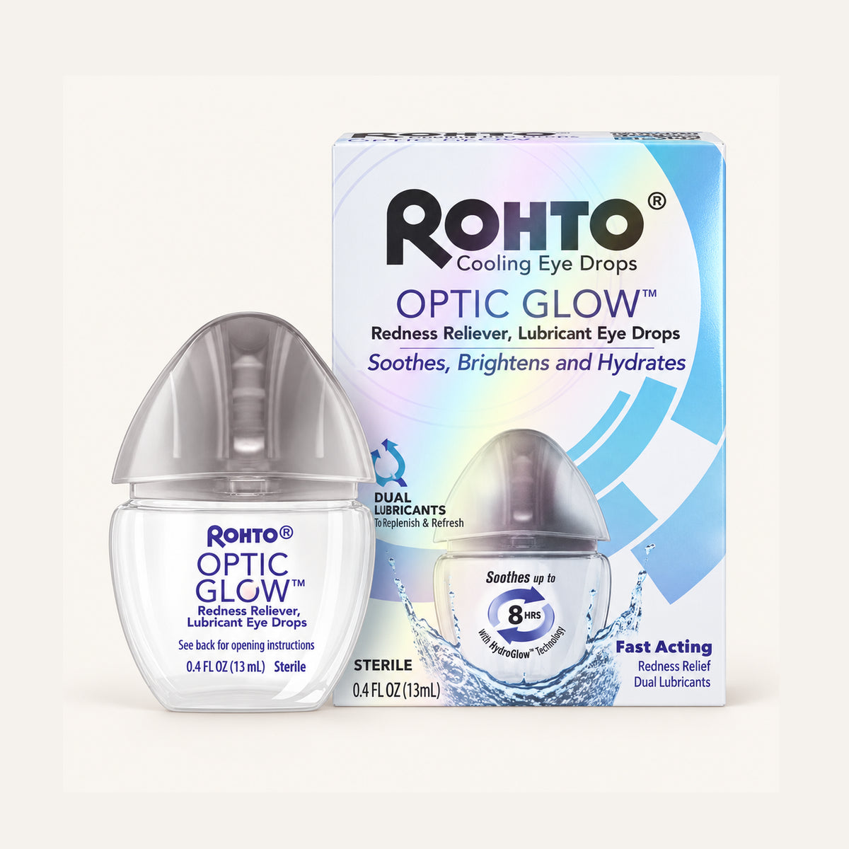 Rohto Optic Glow Eye Whitening Drops 13 ml, butelka z zakraplaczem obok pudełka z przodu | Ellemania