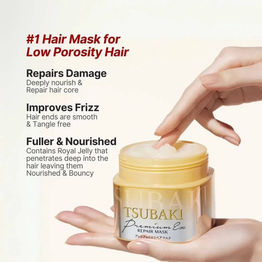Shiseido Tsubaki Premium Repair Mask 180 g, słoik z odkręconym wiekiem i infografika z listą cech | Ellemania
