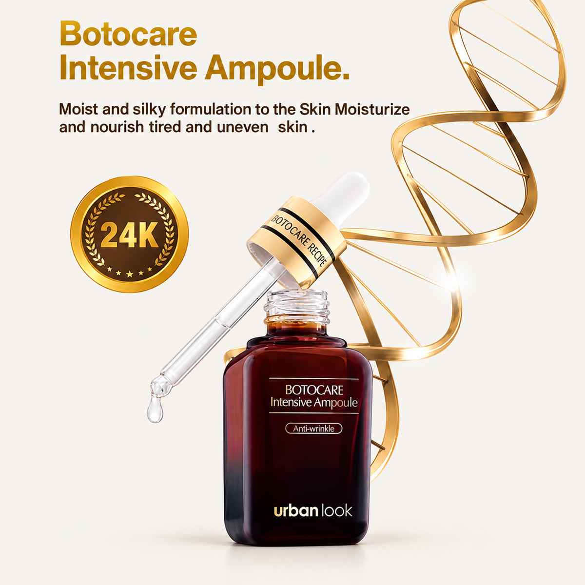 Urban Look Cosmeceuticals Botocare Intensive Ampoule - otwarta butelka z pipetą na złotym tle z grafiką spirali DNA | Ellemania
