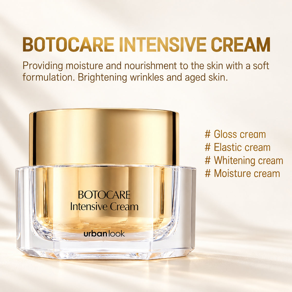 Urban Look Cosmeceuticals Botocare Intensive Cream - grafika producenta ze słoikiem na złotym tle z odznaką 24K | Ellemania