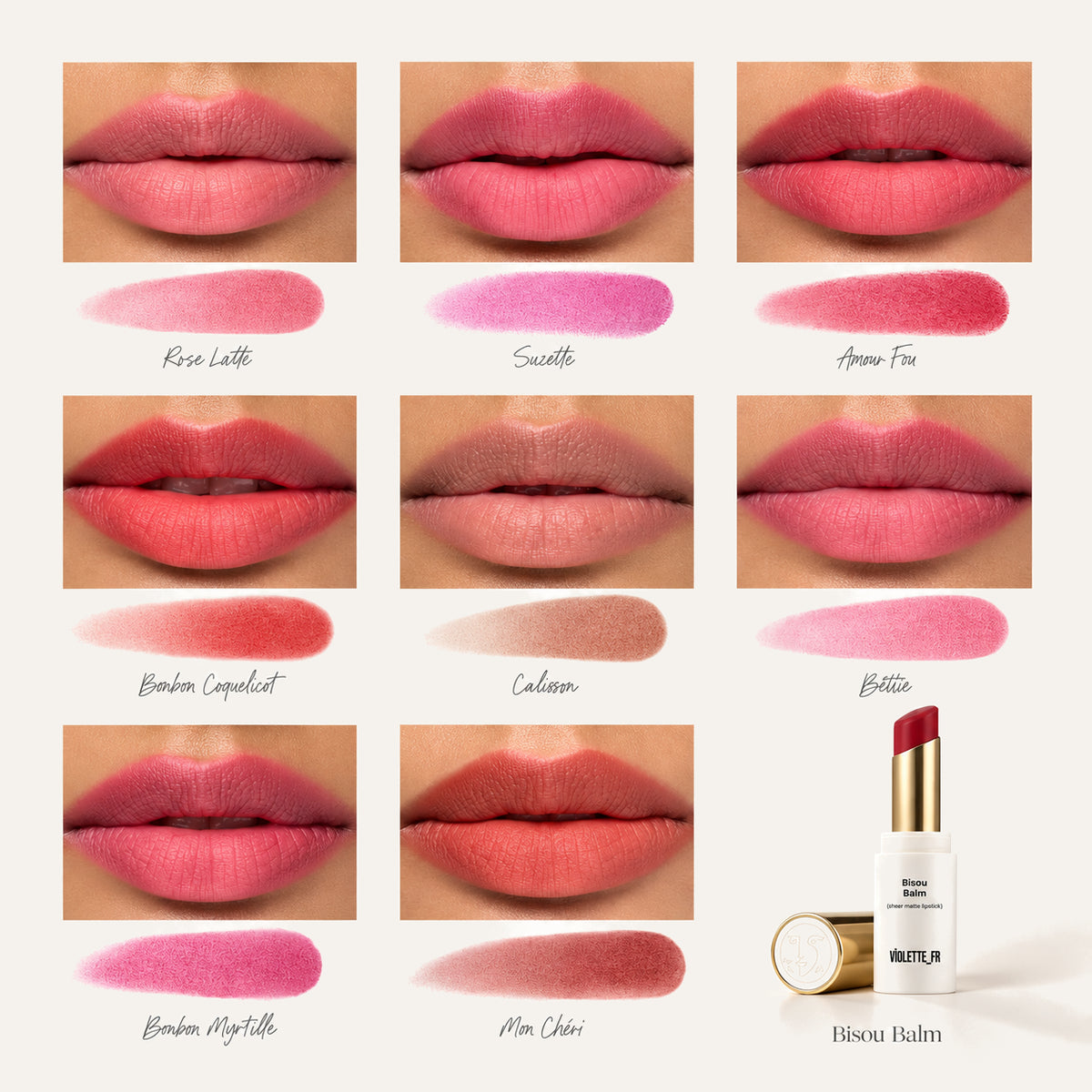 Violette_FR Bisou Balm - shade chart with lip swatches and colour streaks labelled with shade names, plus a lipstick with its cap set aside | Ellemania