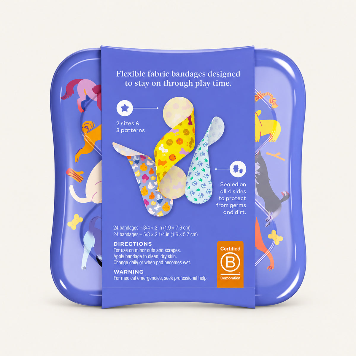 Welly Flex Fabric Bandages 48 szt., tył opakowania z infografiką i plastrami w różnych wzorach | Ellemania