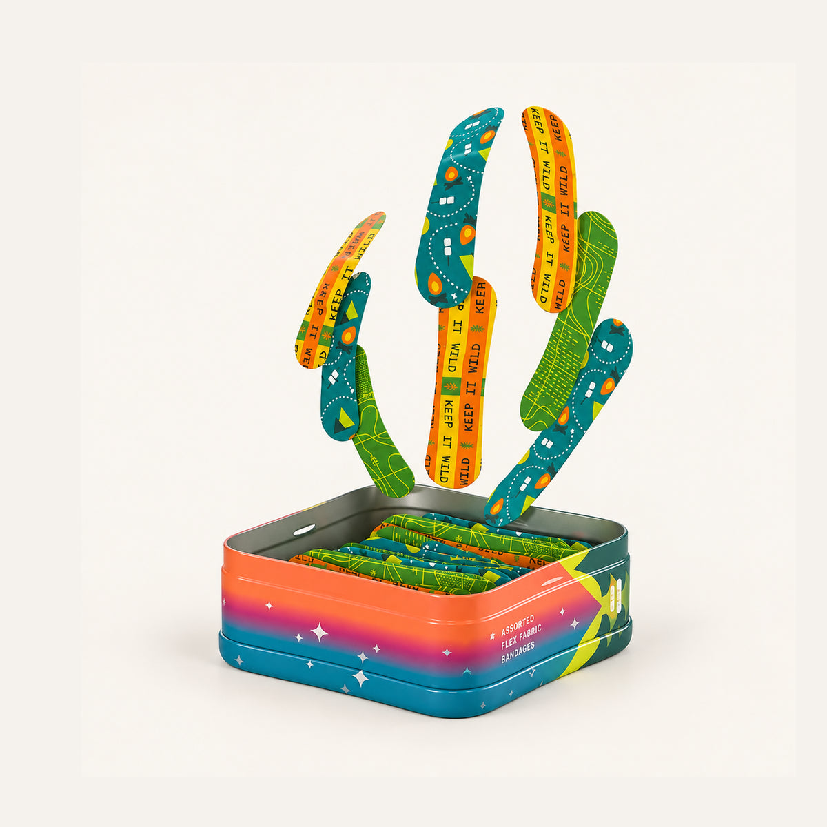 Welly Bravery Badges Camping Flex Fabric Bandages 48 szt., metalowa puszka z plastrami wysypanymi nad pudełkiem | Ellemania
