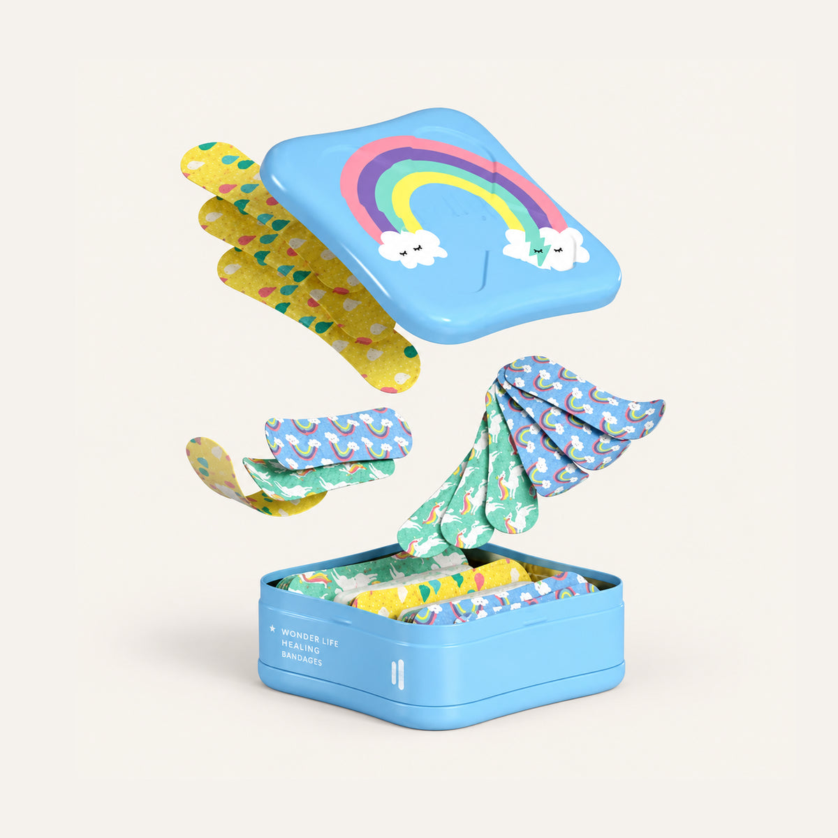 Welly Bravery Badges Rainbow 48 szt., otwarte pudełko z tęczowymi plastrami i plastrami w kształcie chmurek | Ellemania