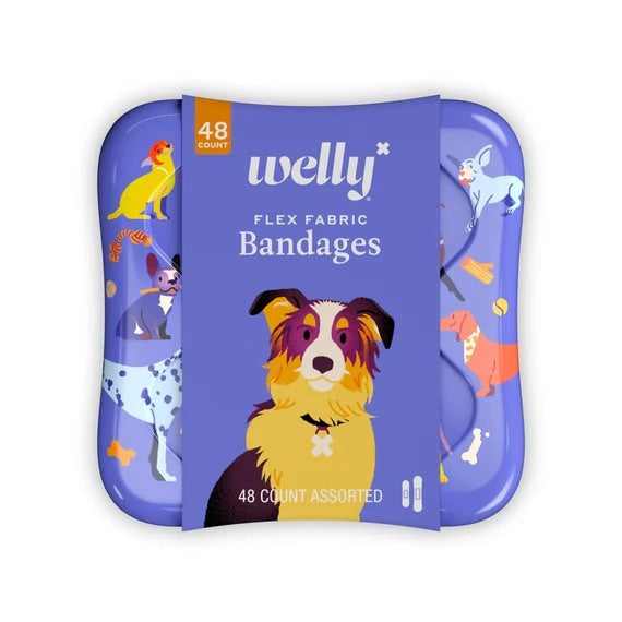 Welly Flex Fabric Bandages - plastry opatrunkowe z psimi wzorami w metalowej puszce, 48 sztuk