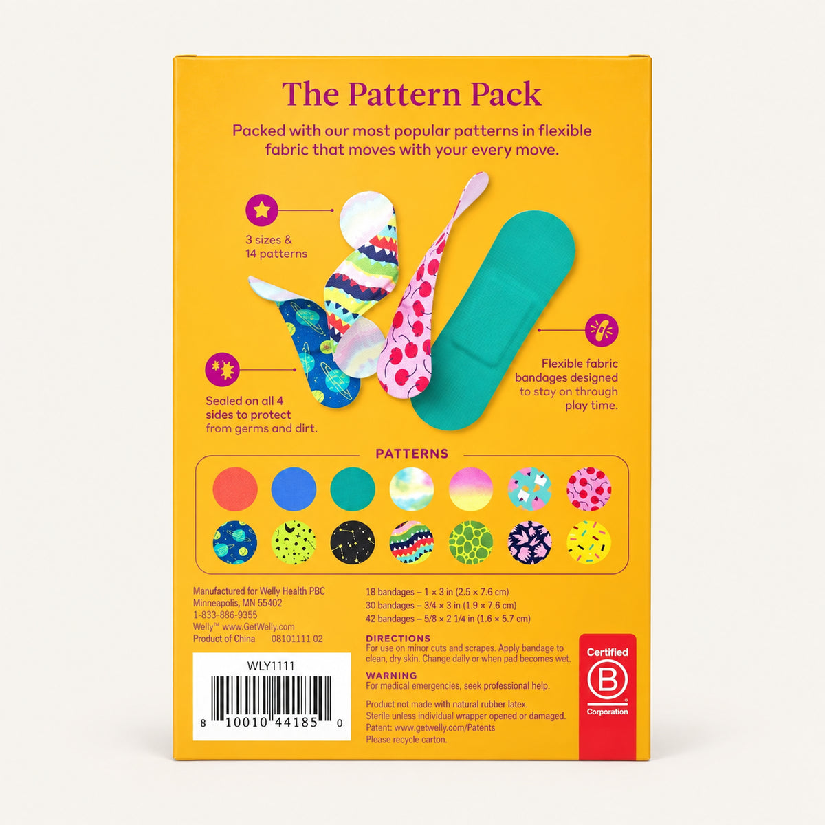Welly Flex Fabric Bandages The Pattern Pack Refill 100 szt., tył opakowania z plastrami w różnych wzorach | Ellemania