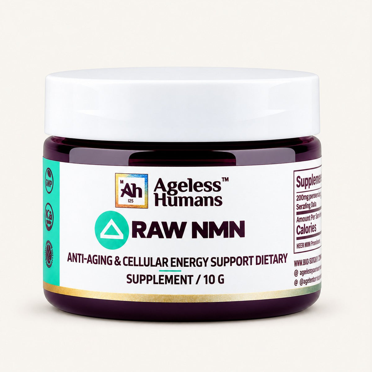 Ageless Humans Blood Sugar Support w/ GlucoMend® 30 kaps., słoik z białą zakrętką i etykietą Raw NMN | Ellemania