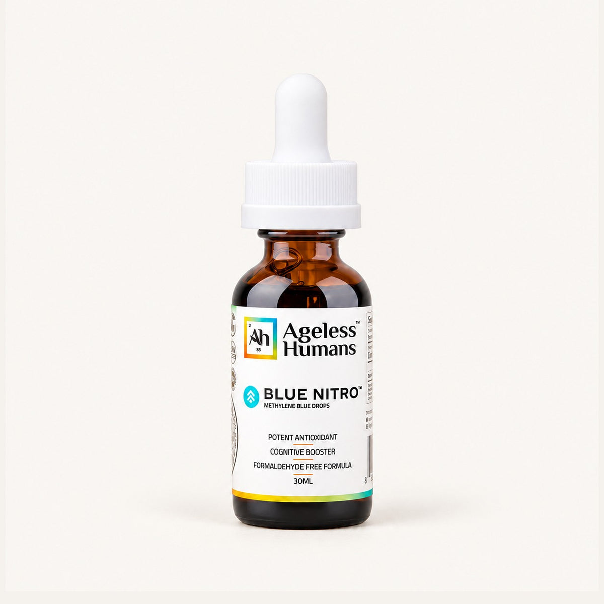 Ageless Humans Blue Nitro Methylene Blue 1% Drops 30 ml, buteleczka z pipetą z przodu | Ellemania