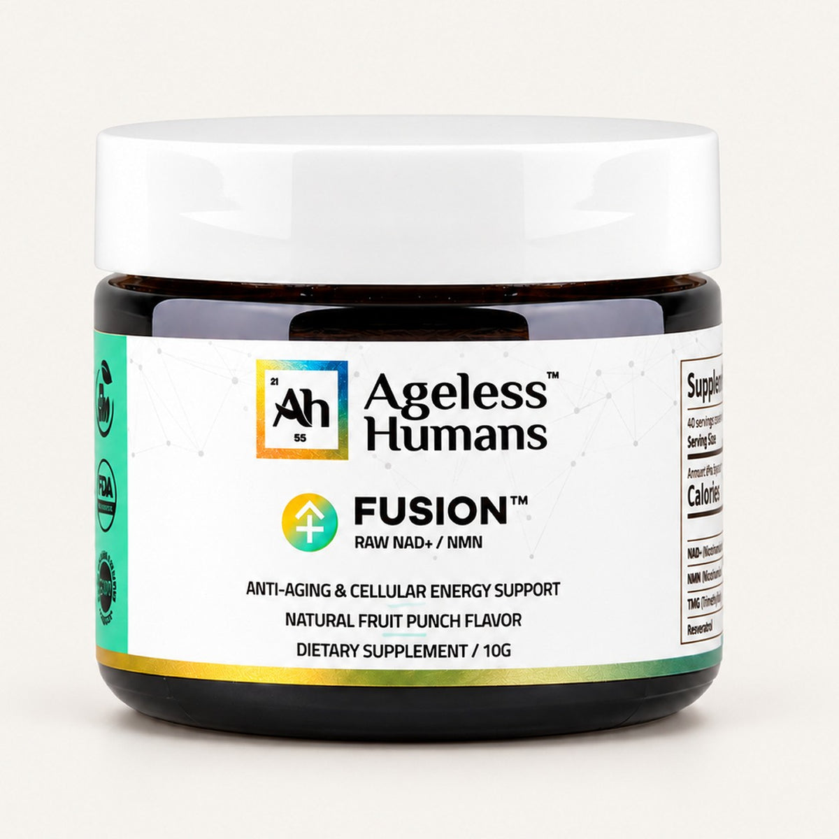 Ageless Humans Fusion NAD + NMN 10 g, słoik z białą nakrętką i etykietą z przodu | Ellemania