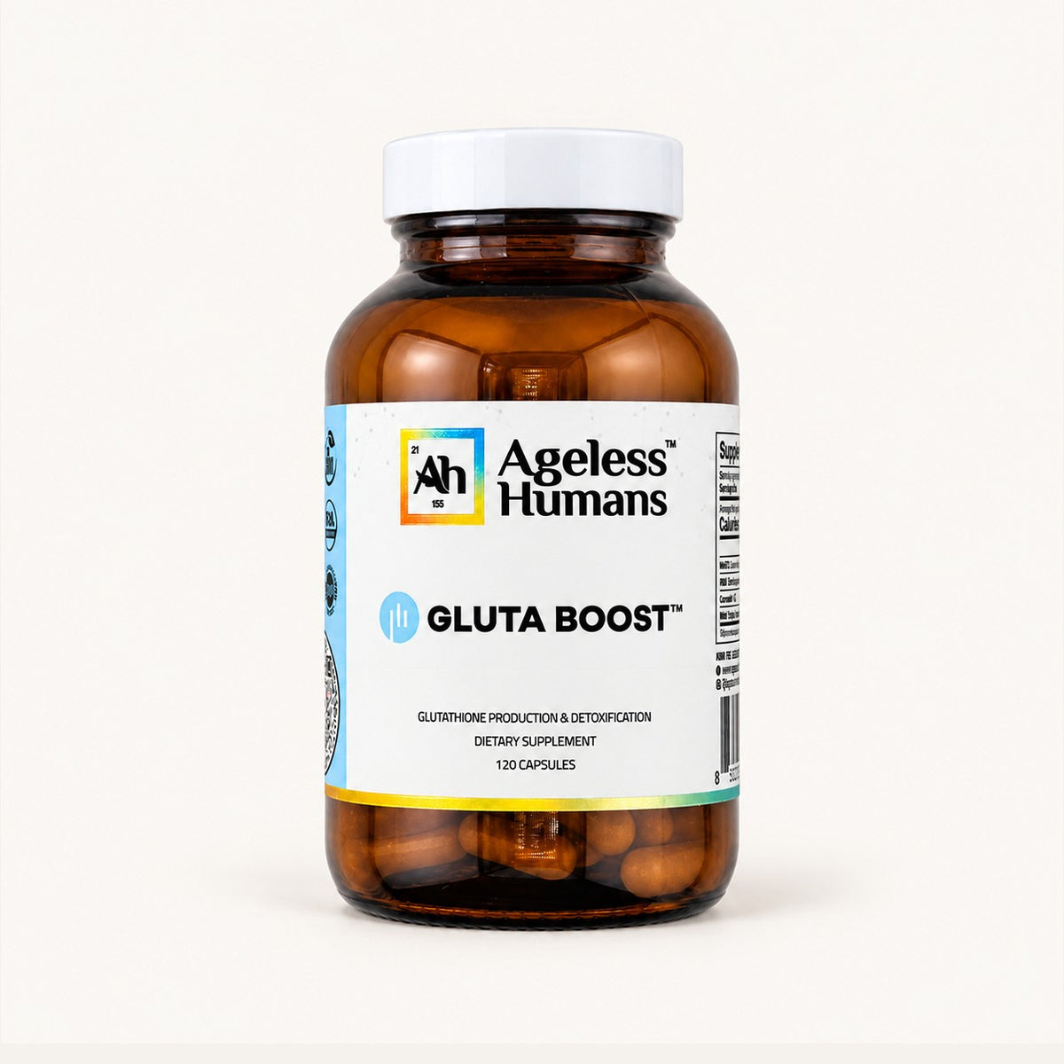 Ageless Humans Gluta Boost 120 kapsułek, brązowy słoik z białą nakrętką i etykietą z przodu | Ellemania