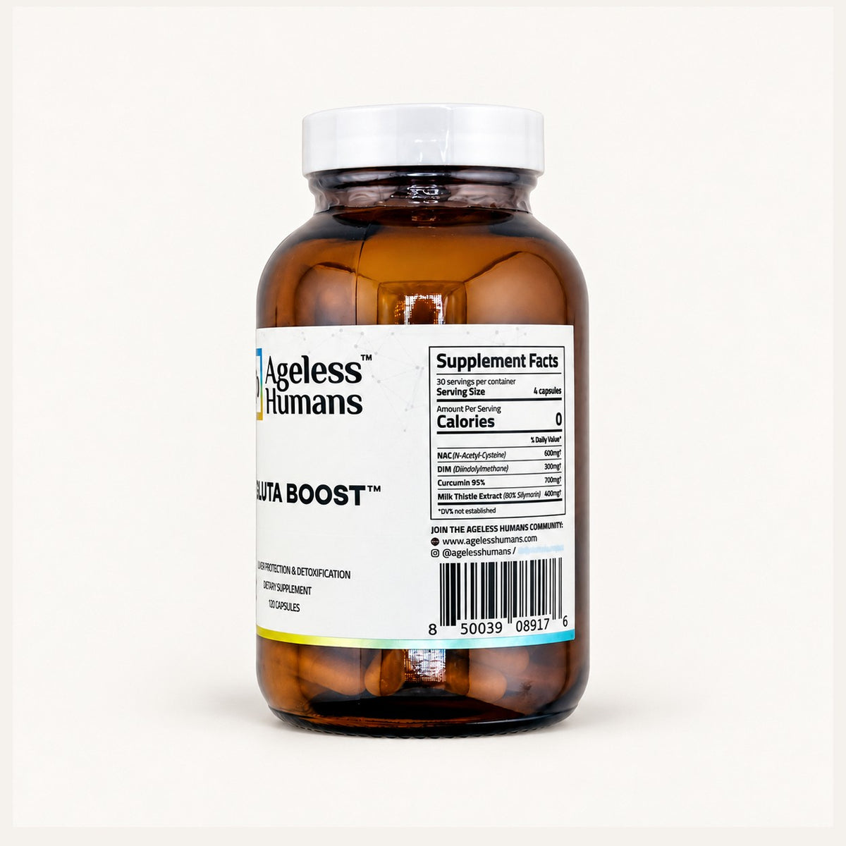 Ageless Humans Gluta Boost 120 kapsułek, tył słoika z tabelą składu i kodem kreskowym | Ellemania