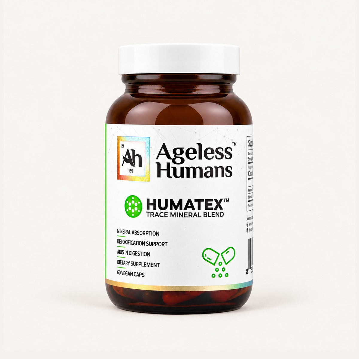 Ageless Humans Humatex, 60 wegańskich kapsułek, butelka z etykietą z przodu | Ellemania