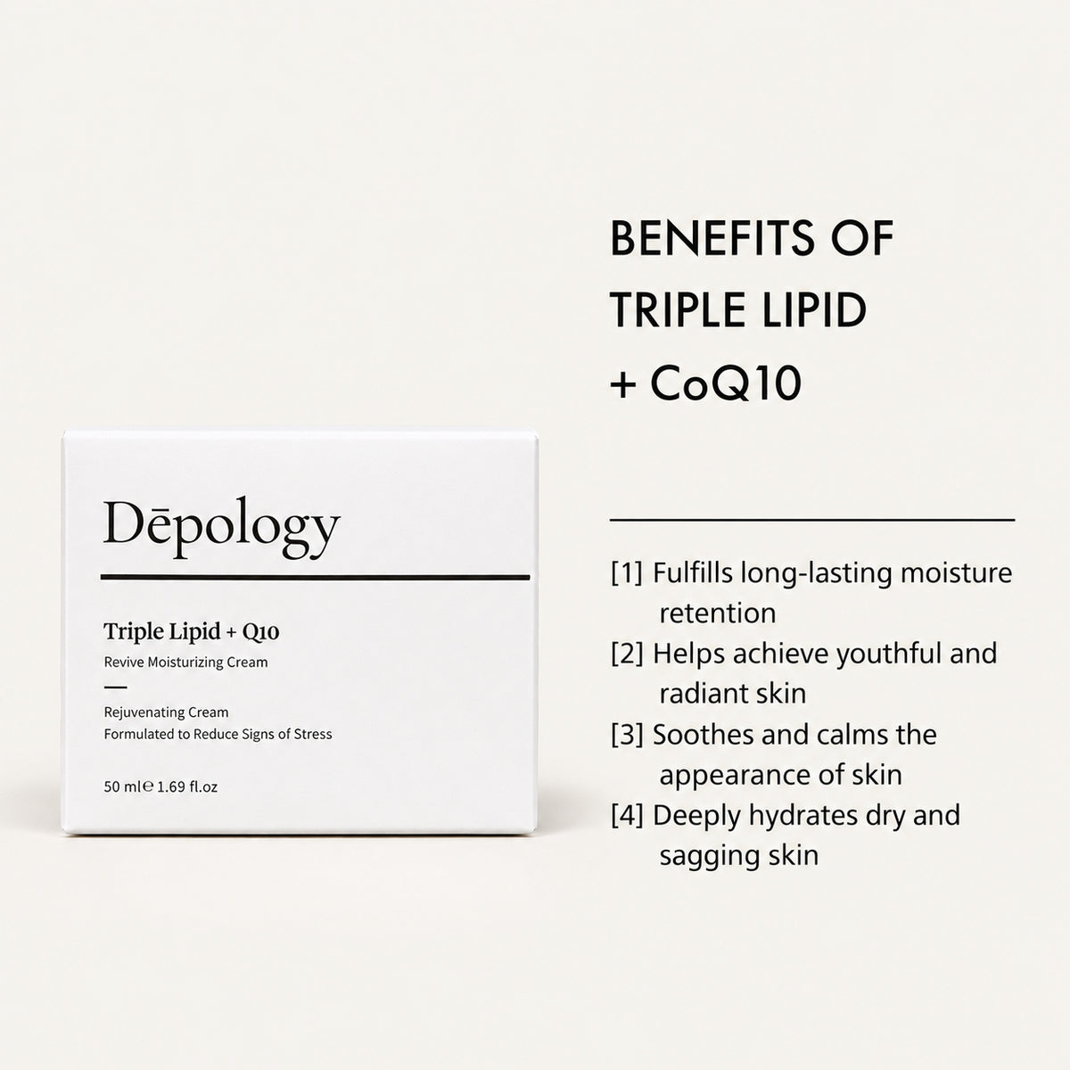 Depology Triple Lipid + Q10 Revive Moisturizing Cream – pudełko i grafika producenta z korzyściami stosowania | Ellemania