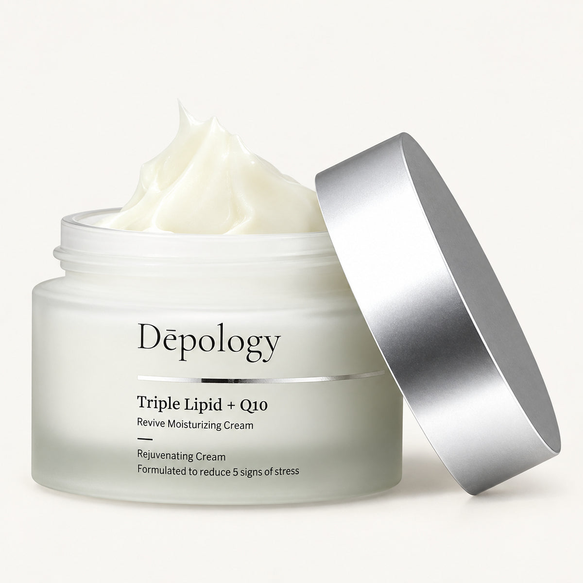 Depology Triple Lipid + Q10 Revive Moisturizing Cream 50 ml – otwarty słoik z kremem i srebrną nakrętką | Ellemania