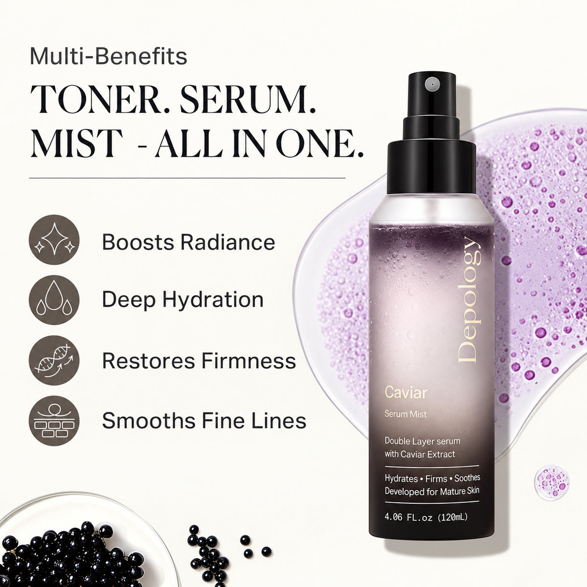 Depology Caviar Serum Mist 120 ml – butelka z atomizerem i grafika producenta z korzyściami stosowania | Ellemania