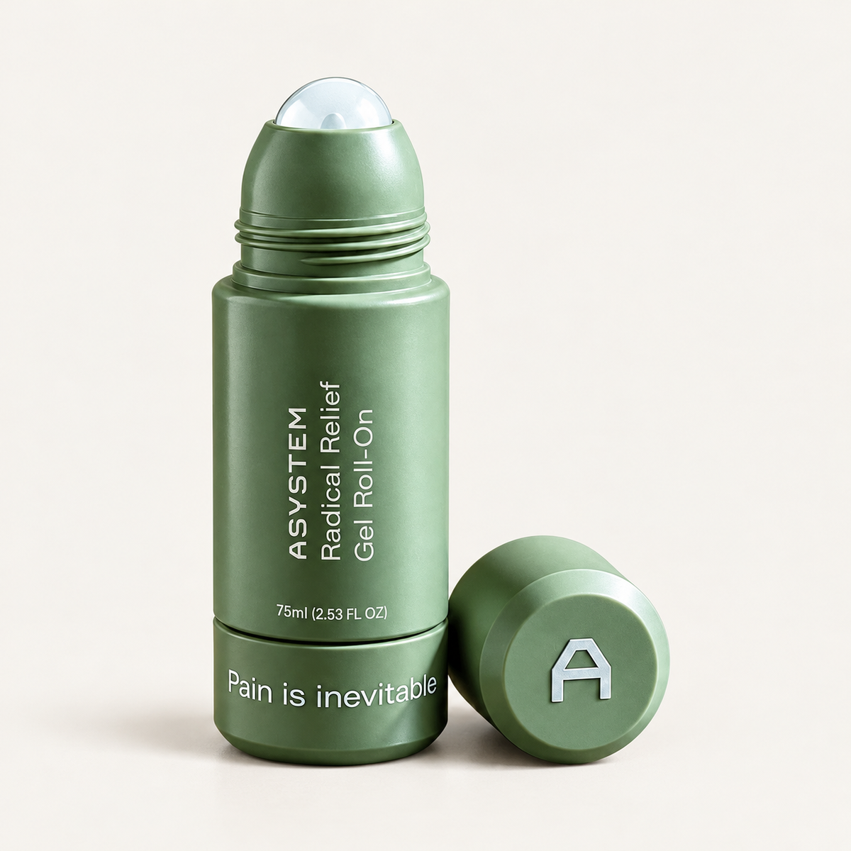 Asystem Radical Relief Gel Roll On - zielone opakowanie 75 ml z kulką aplikacyjną, obok nakrętka z literą A | Ellemania
