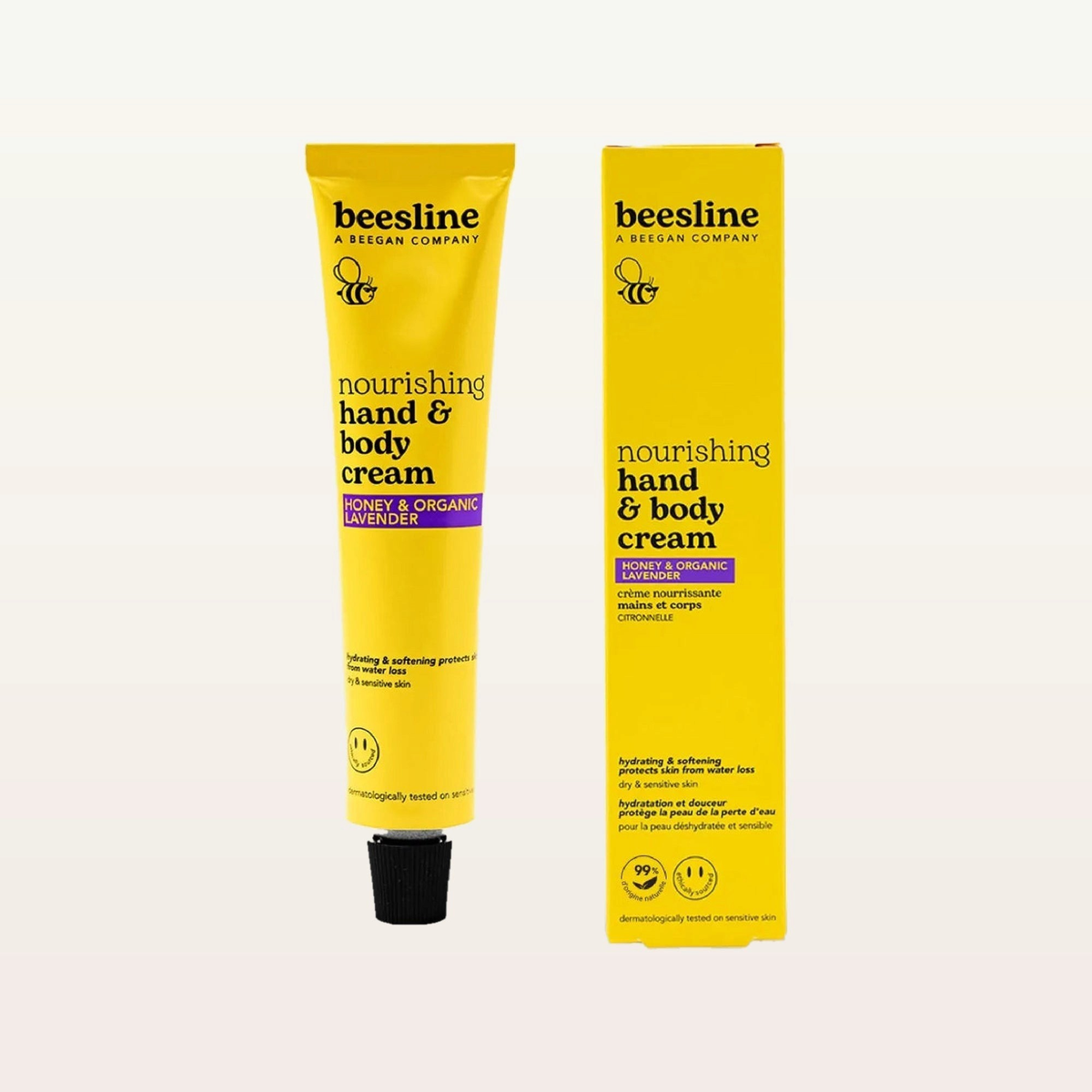 Beesline Nourishing Hand & Body Cream Honey & Organic Lavender - tuba i pudełko, widok z przodu | Ellemania