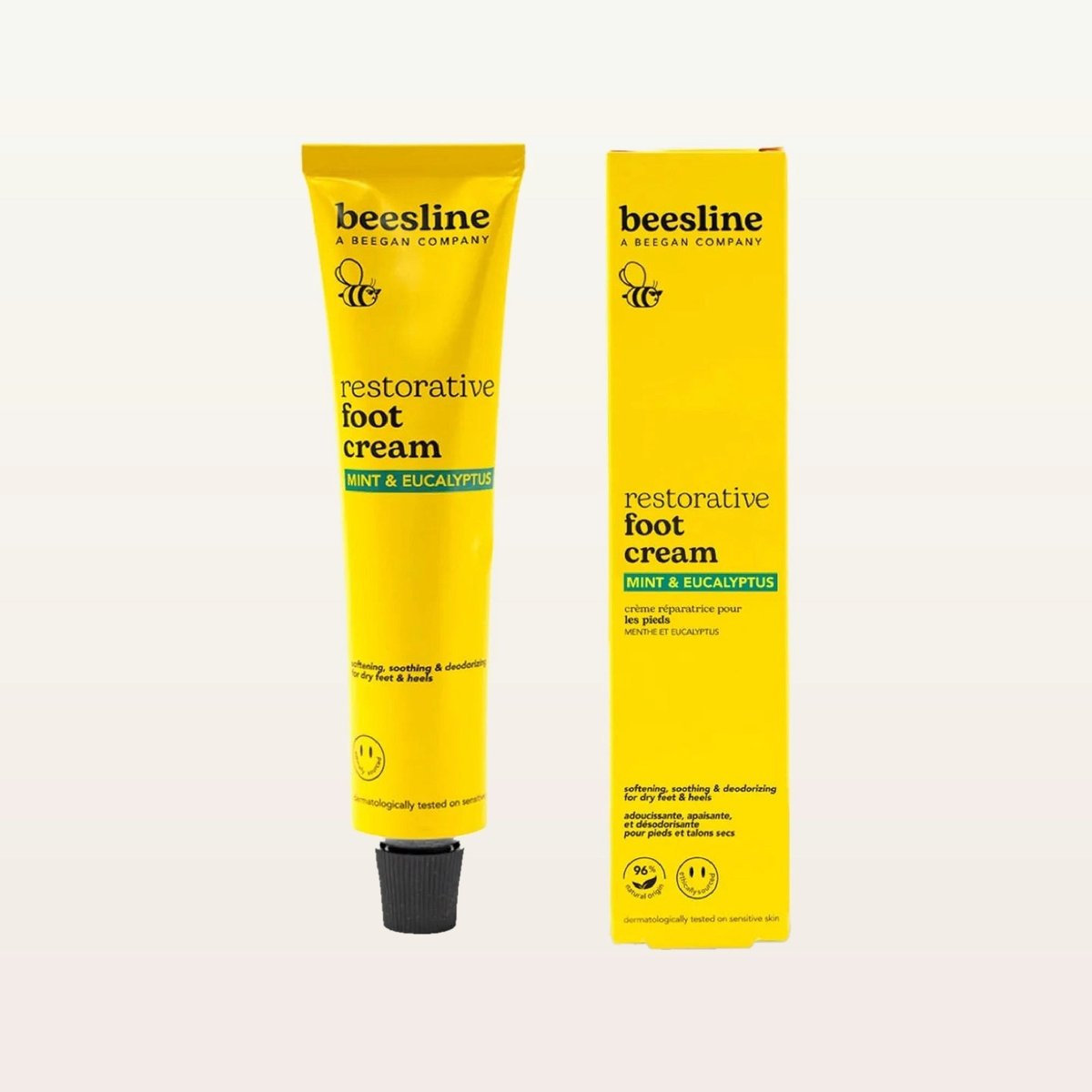Beesline Restorative Foot Cream Mint & Eucalyptus - tuba i pudełko, widok z przodu | Ellemania